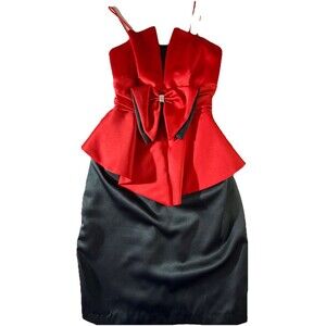 VTG Night Way80s Peplum Cocktail Party Dress Medium Red/Black Bow Glam Statement